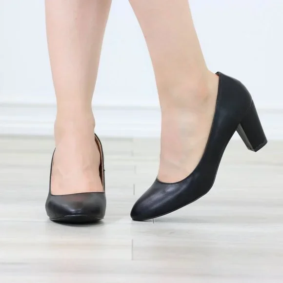 Classic Block Low Heel Pumps Slip On Round Toe Women's Black Shoes - Picture 9 of 12